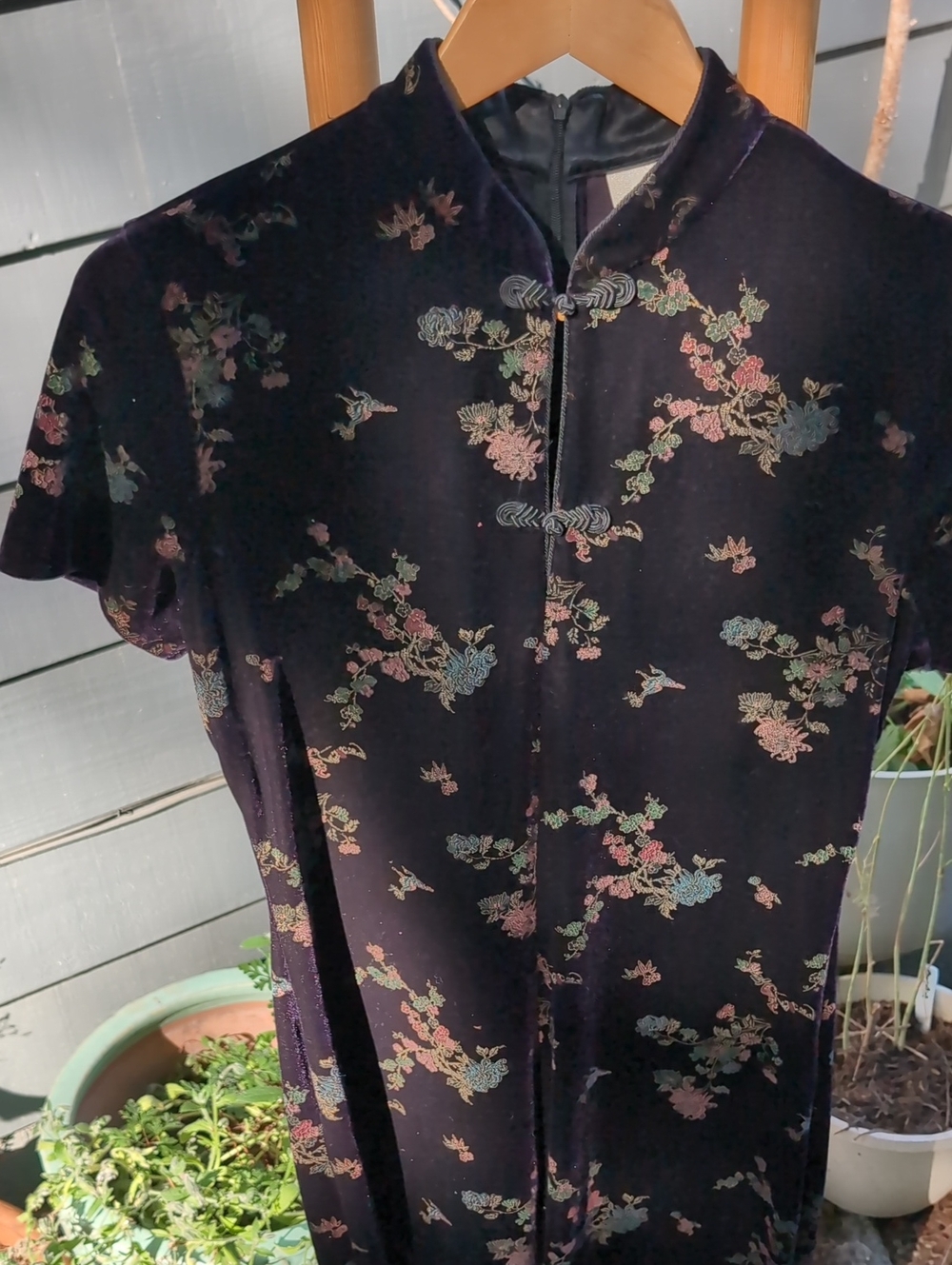 Cache Black Floral Velvet Mandarin Cheongsam-Style Shirt Dress